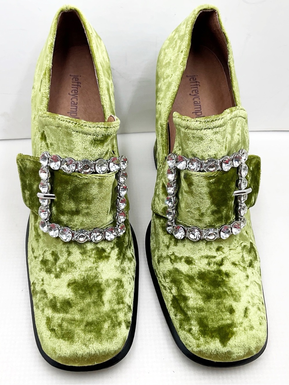 🆕{Jeffery Campbell} Velvet Chunky Rhinestone Buckle Heel Loafers - Picture 6 of 16